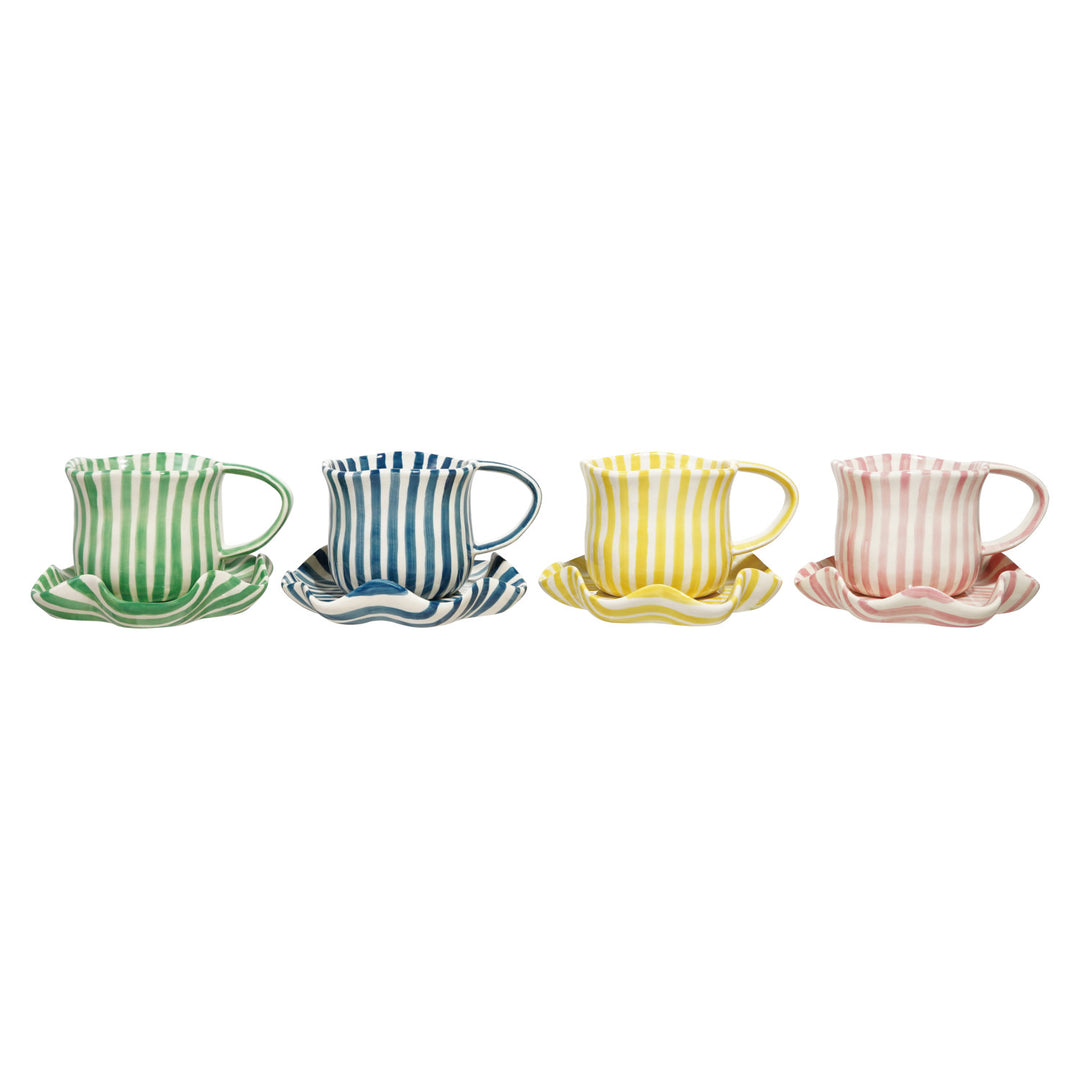 Hand-Painted Mug with Ruffled Saucer, 4 Colors