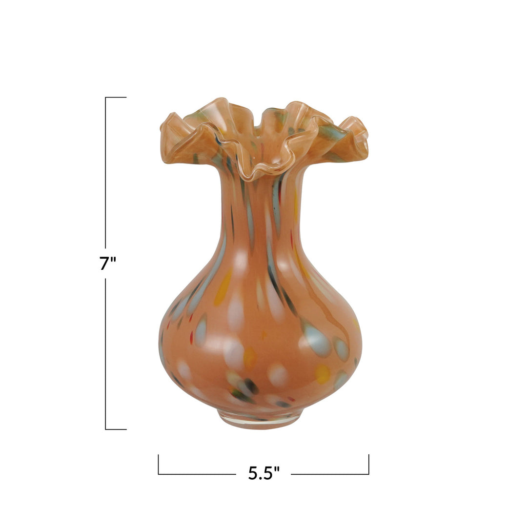 Hand-Blown Ruffled Confetti Glass Vase - Apricot
