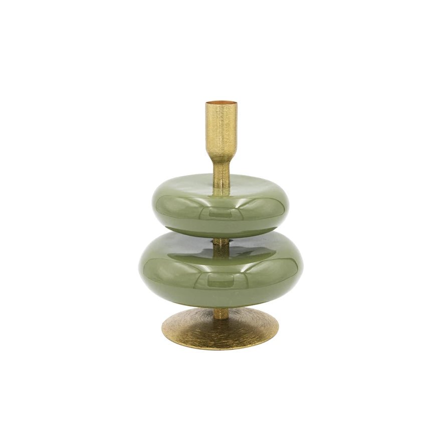 Enameled Metal Taper Holder, Green & Gold Finish - Something Splendid Co.