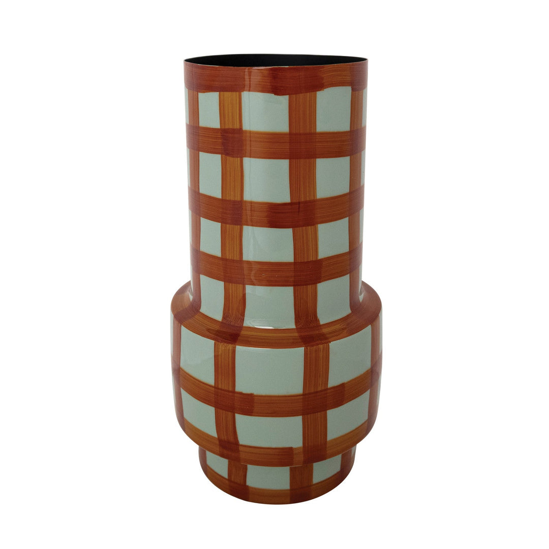 Enameled Metal Vase with Grid Pattern, Light Blue & Rust Color - Something Splendid Co.