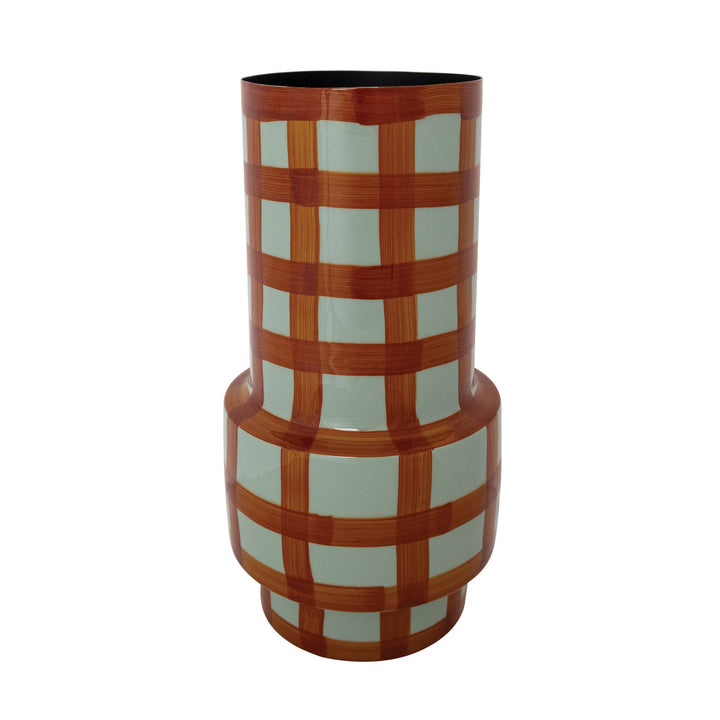 Enameled Metal Vase with Grid Pattern, Light Blue & Rust Color - Something Splendid Co.