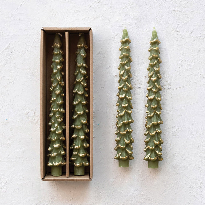 Evergreen Tree Taper Candles with Gold Tips, Set of 2 - Something Splendid Co.