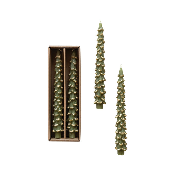 Evergreen Tree Taper Candles with Gold Tips, Set of 2 - Something Splendid Co.