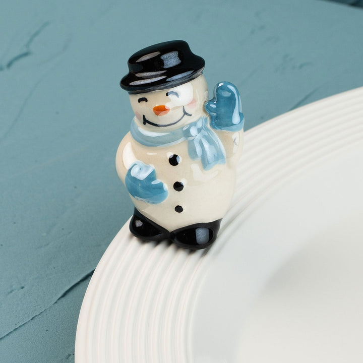 Frosty Pal Mini by Nora Fleming — hand-painted ceramic top-hatted snowman with a blue scarf (alternate view)