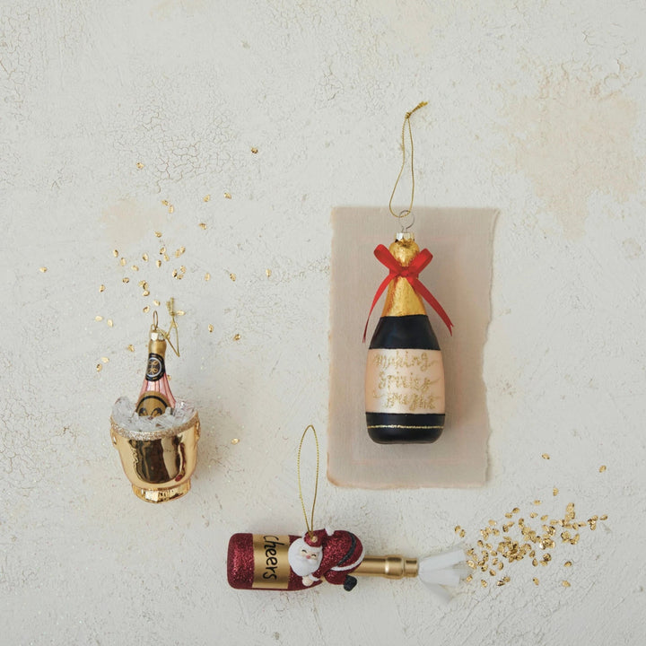 Glass Champagne Bottle Ornament with Resin Santa & Glitter - Something Splendid Co.