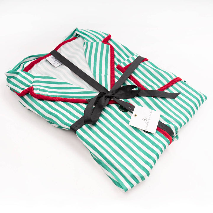 Green Stripe Satin Ruffle Short PJ Set: L/XL - Something Splendid Co.