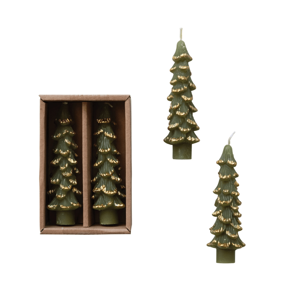 Green Tree Taper Candles w/ Gold Tips, Set of 2 - Something Splendid Co.
