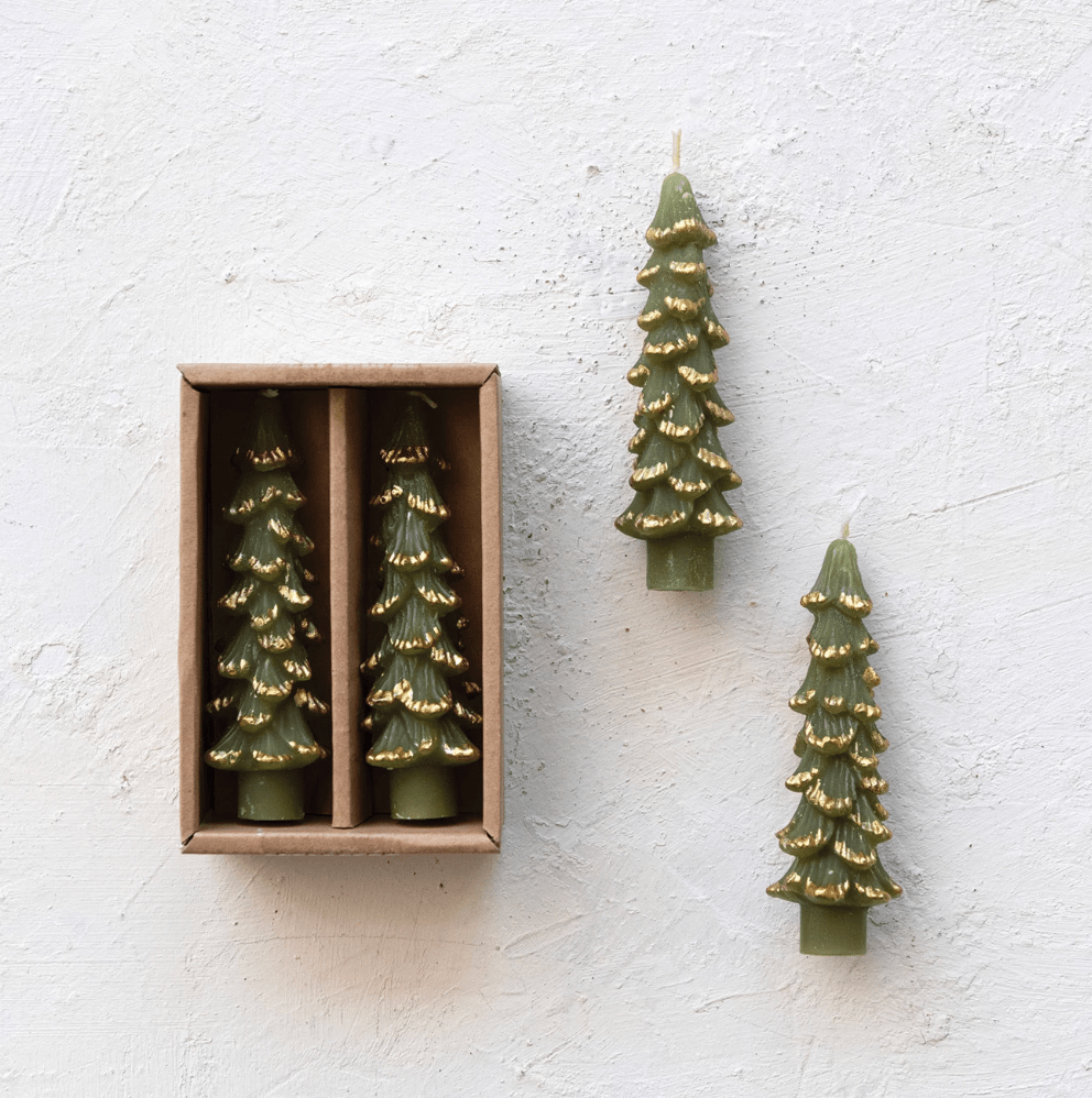 Green Tree Taper Candles w/ Gold Tips, Set of 2 - Something Splendid Co.