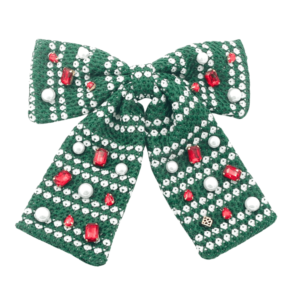 Green & White Knit Winter Bow Barrette - Something Splendid Co.