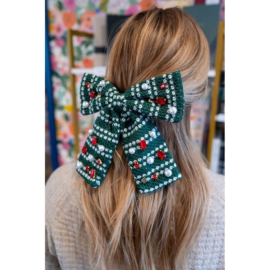 Green & White Knit Winter Bow Barrette - Something Splendid Co.