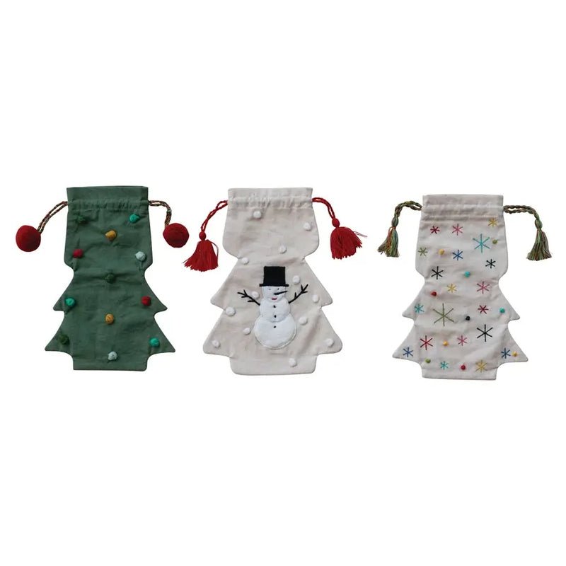 Hand - Embroidered Tree Shaped Drawstring Wine Bags, 3 Styles - Something Splendid Co.