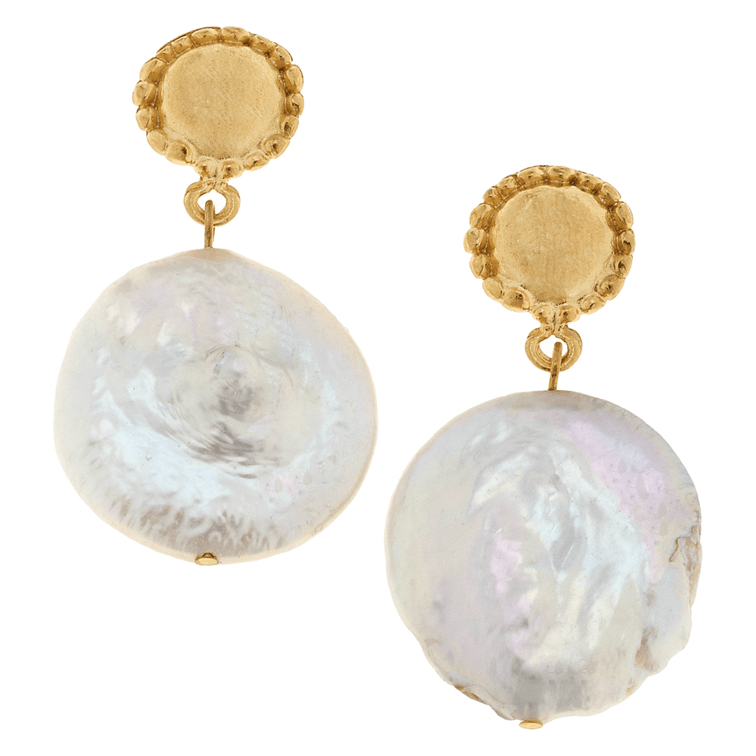 Handcast Gold Cab & Large Freshwater Coin Pearl Earrings - Something Splendid Co.
