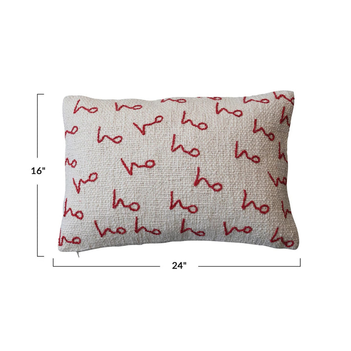 "Ho Ho Ho" Embroidered Lumbar Pillow, measuring 16 inches in height and 24 inches in length - Something Splendid Co.