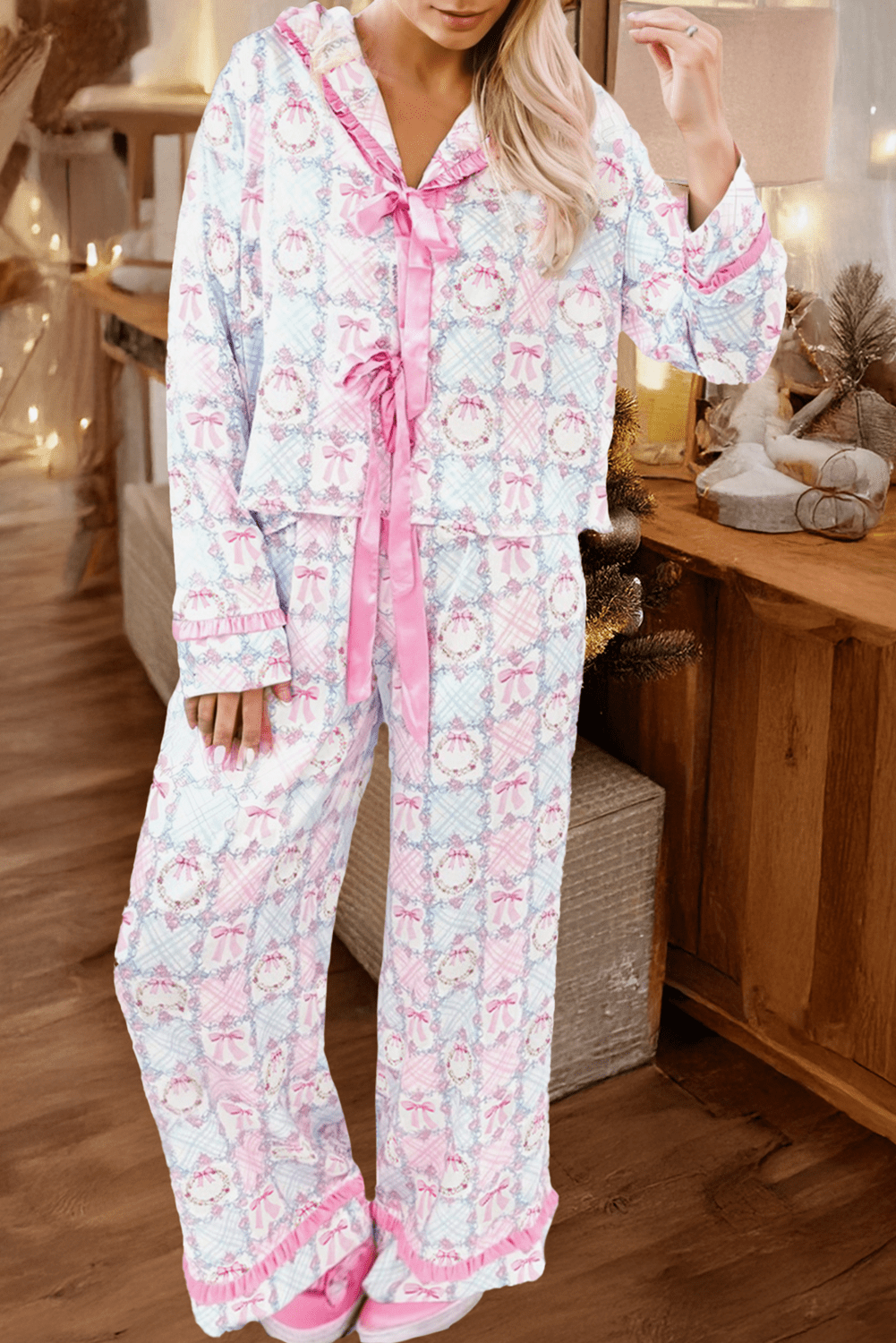 LDC Christmas Holiday Tied Front Long Sleeve 2pcs Pajama Set - Something Splendid Co.