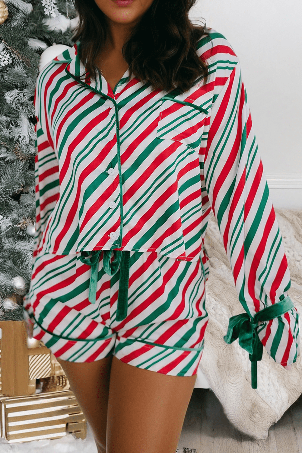 LDC Contrast Velvet Ribbon Knot Christmas 2pcs Pajama Set - Something Splendid Co.