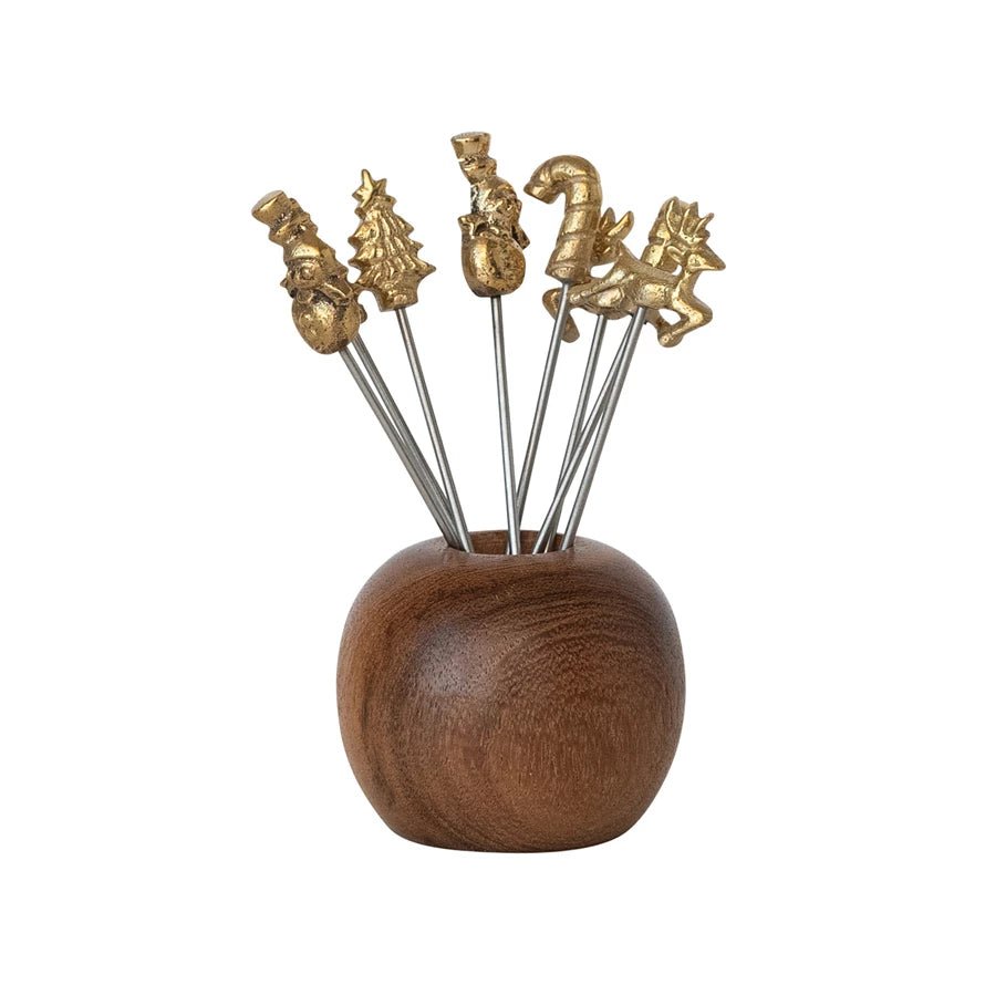 Mango Wood Holder w/ 8 Holiday Appetizer Picks - Something Splendid Co.