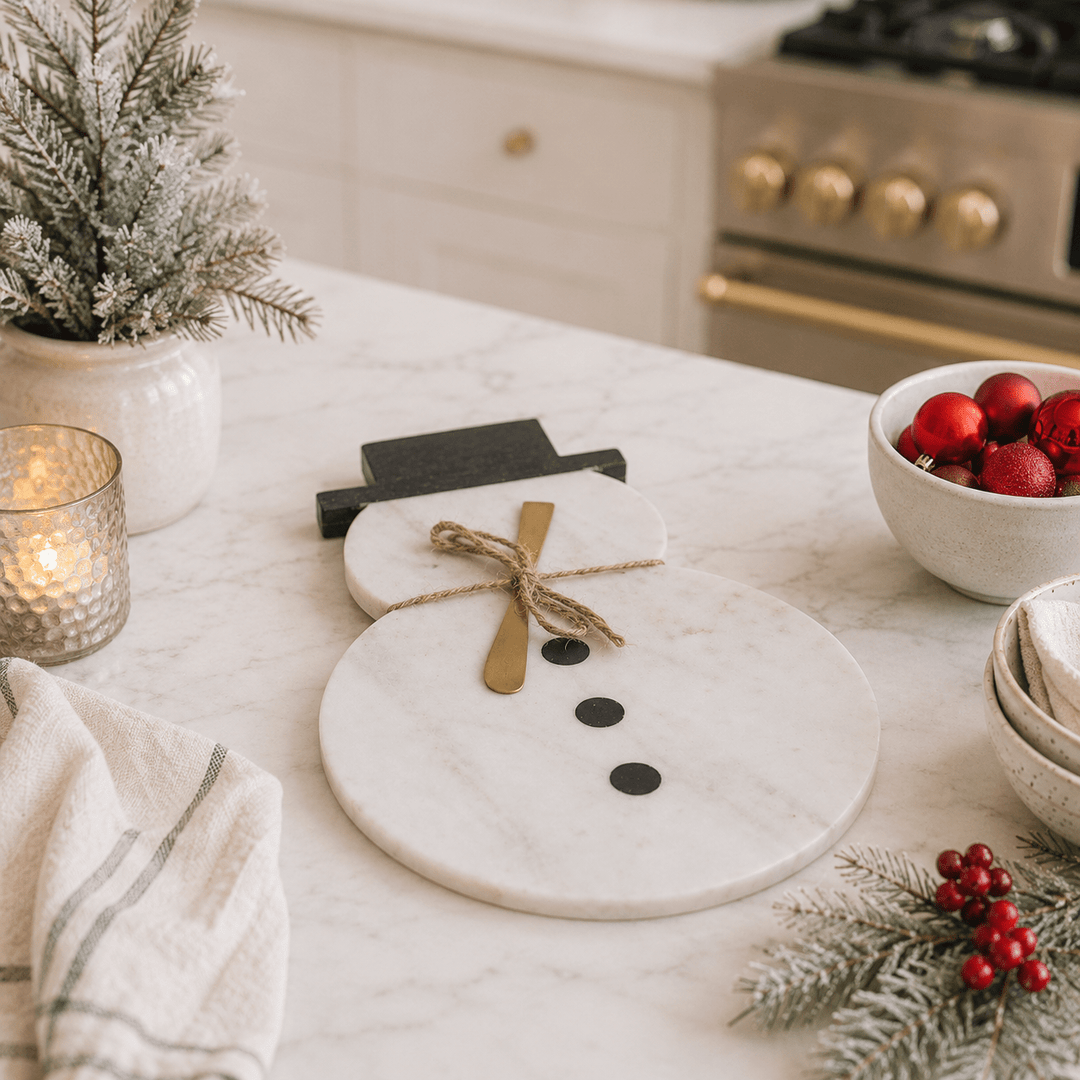 Marble Snowman Shaped Board with Canape Knife, Set of 2 Tied with Jute - Something Splendid Co.