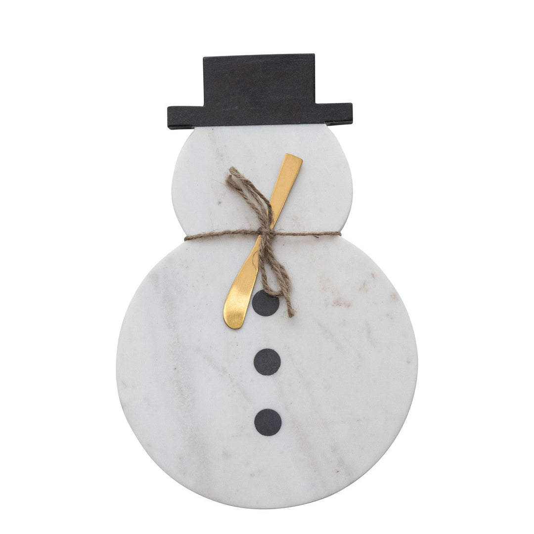 Marble Snowman Shaped Board with Canape Knife, Set of 2 Tied with Jute - Something Splendid Co.