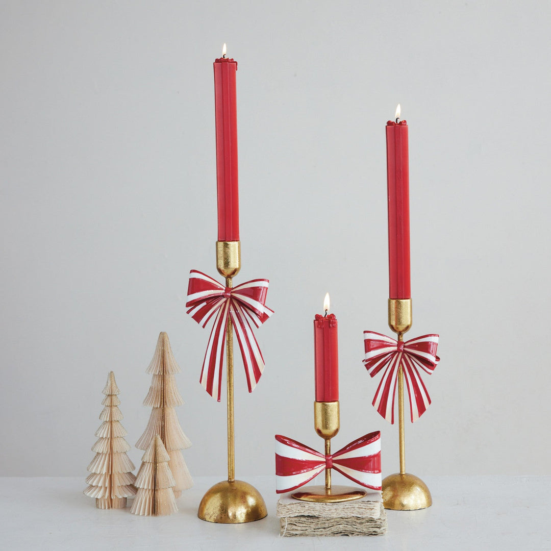 Metal Taper Holder with Striped Bow, Gold Finish, Red & White - Something Splendid Co.