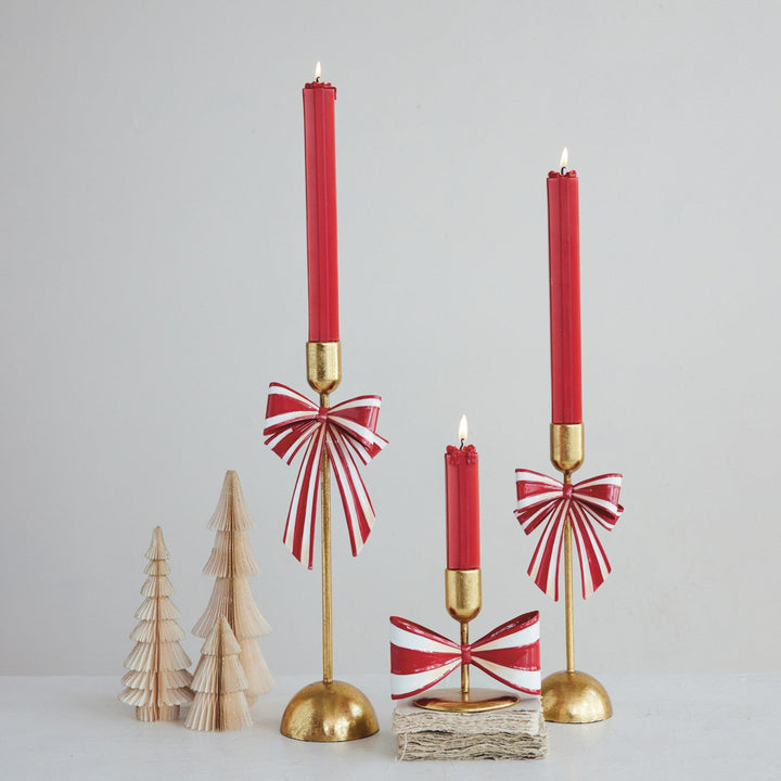 Metal Taper Holder with Striped Bow, Gold Finish, Red & White - Something Splendid Co.