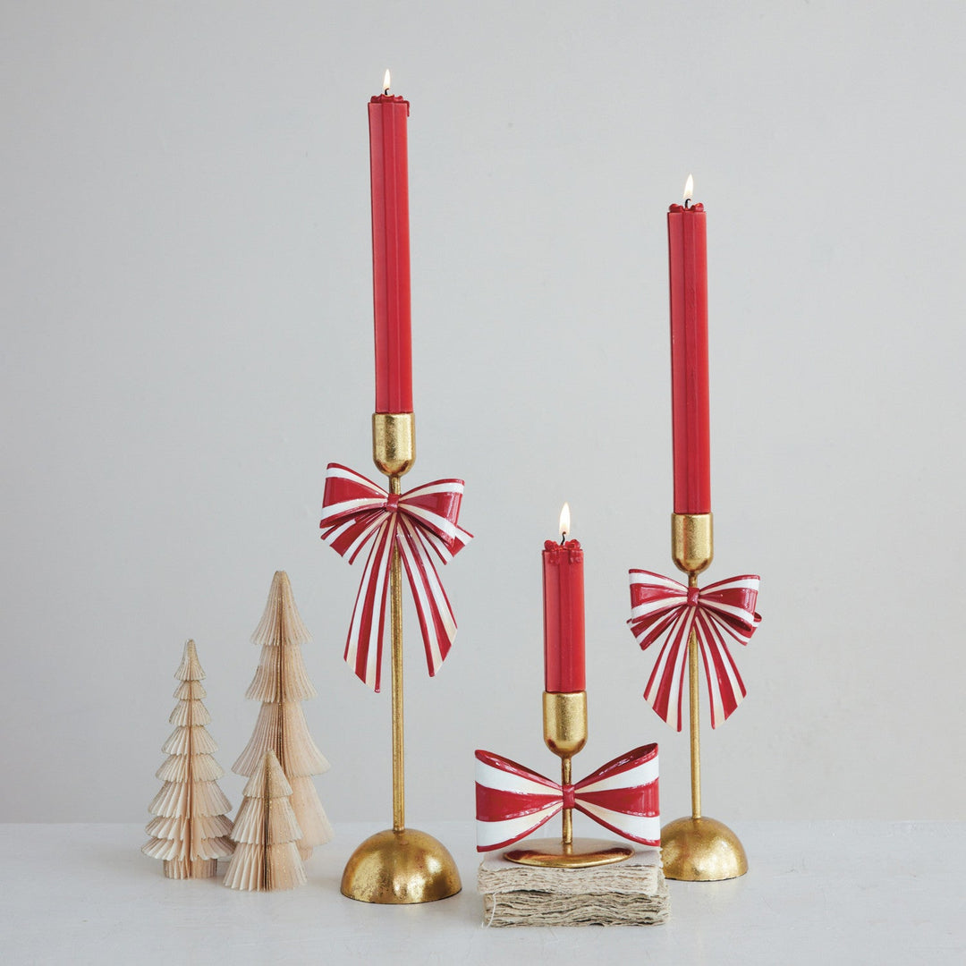 Metal Taper Holder with Striped Bow, Gold Finish, Red & White - Something Splendid Co.