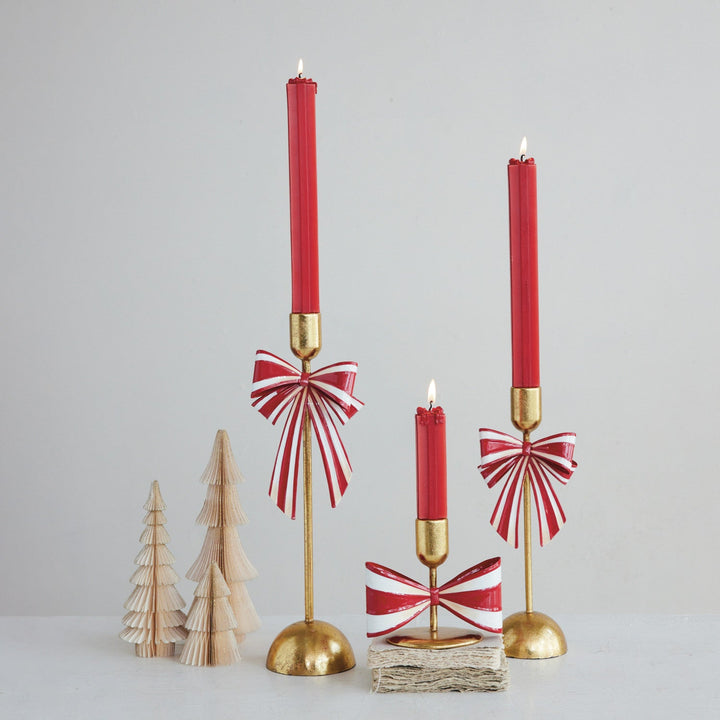 Metal Taper Holder with Striped Bow, Gold Finish, Red & White - Something Splendid Co.