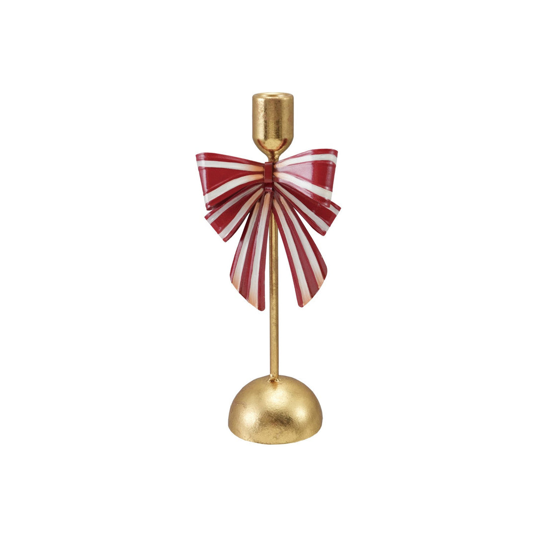 Metal Taper Holder with Striped Bow, Gold Finish, Red & White - Something Splendid Co.