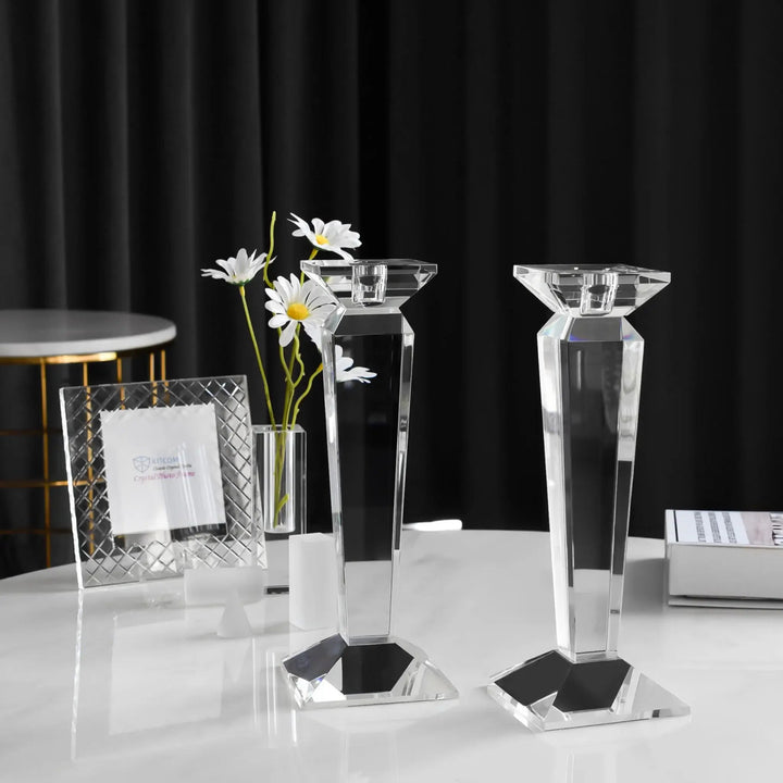 Pair of 11” Sleek Solid Crystal Candlesticks: Black - Something Splendid Co.