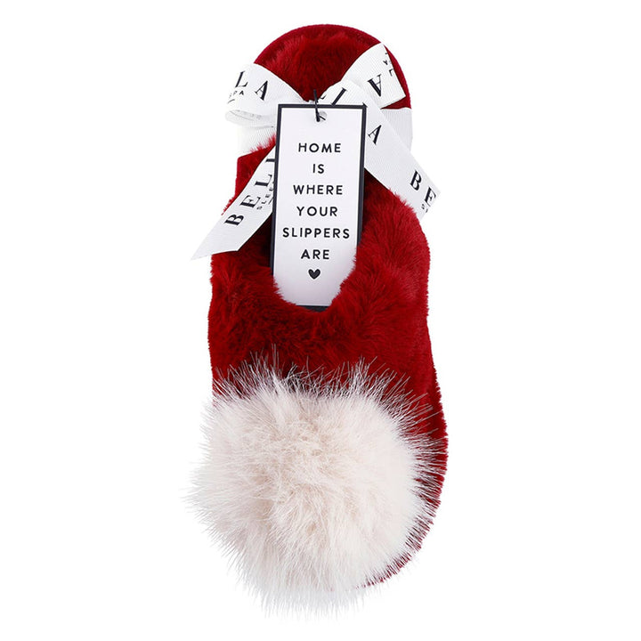 Plush Slippers - Burgundy + Beige Pom Pom - Something Splendid Co.