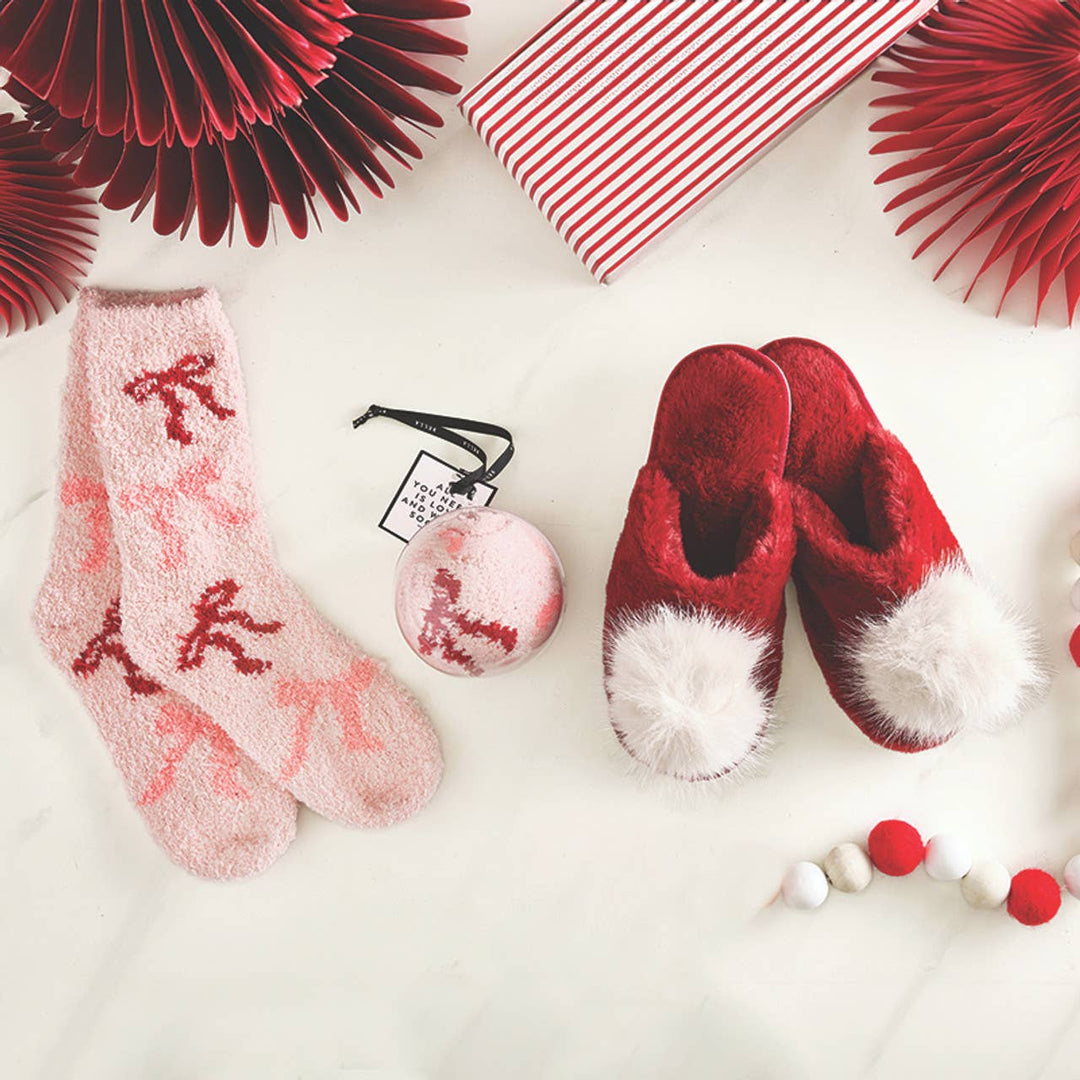 Plush Slippers - Burgundy + Beige Pom Pom - Something Splendid Co.