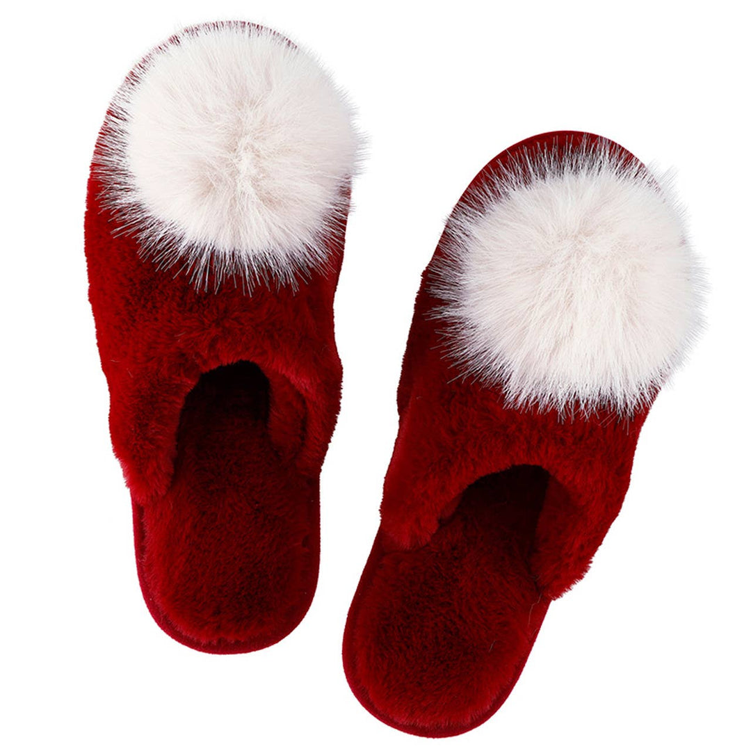 Plush Slippers - Burgundy + Beige Pom Pom - Something Splendid Co.