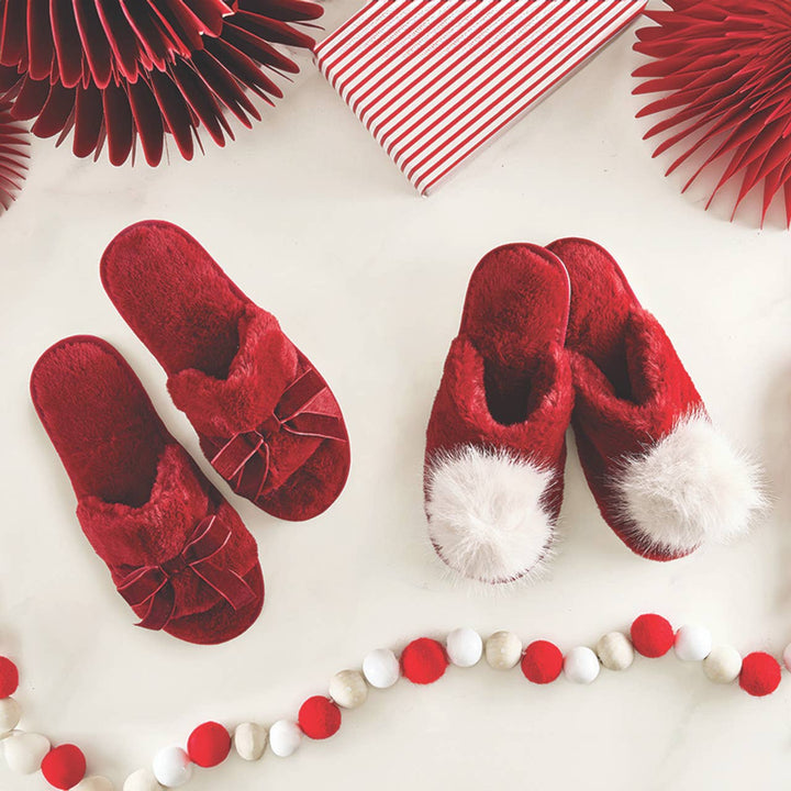 Plush Slippers - Burgundy + Beige Pom Pom - Something Splendid Co.