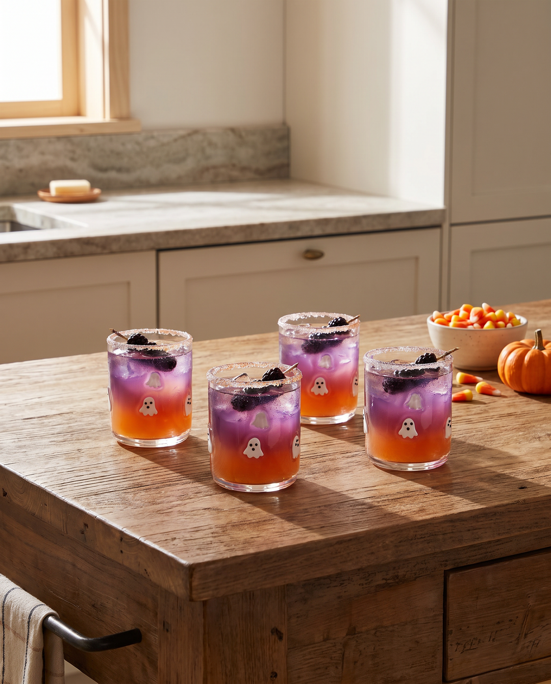 Three Halloween-themed layered cocktails in clear glasses with purple and orange gradients, black spiderwebs, and small white ghost illustrations, set on a rustic wooden kitchen island with candy and a small pumpkin nearby.