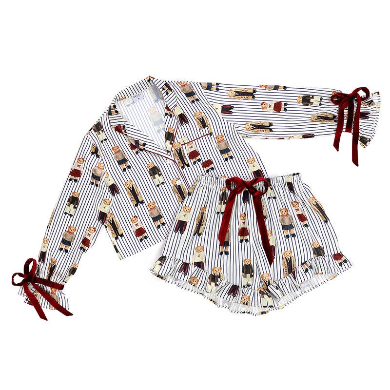 Ruffled PJ Set with Velvet Ties - Navy Stripes + Bears - Something Splendid Co.