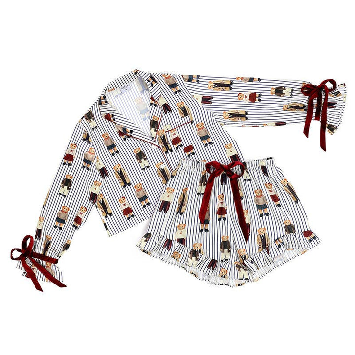 Ruffled PJ Set with Velvet Ties - Navy Stripes + Bears - Something Splendid Co.