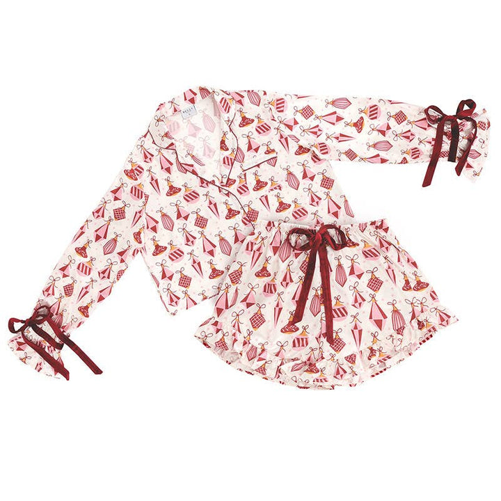 Ruffled Short PJ Set with Velvet Ties - Ivory + Ornaments - Something Splendid Co.