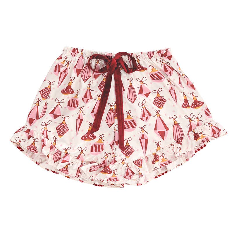 Ruffled Short PJ Set with Velvet Ties - Ivory + Ornaments - Something Splendid Co.