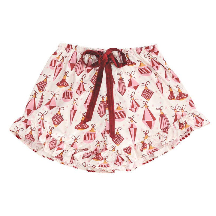 Ruffled Short PJ Set with Velvet Ties - Ivory + Ornaments - Something Splendid Co.