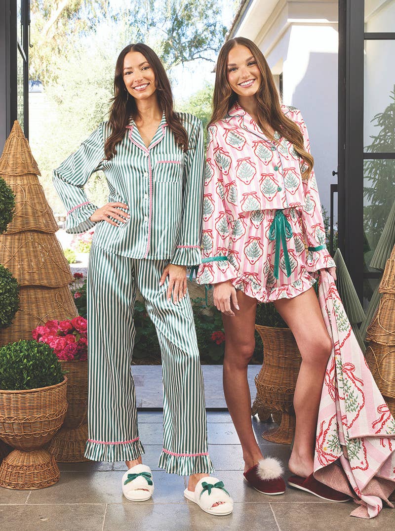 Short PJ Set with Velvet Ties - Pink Stripes + Doily Trees - Something Splendid Co.