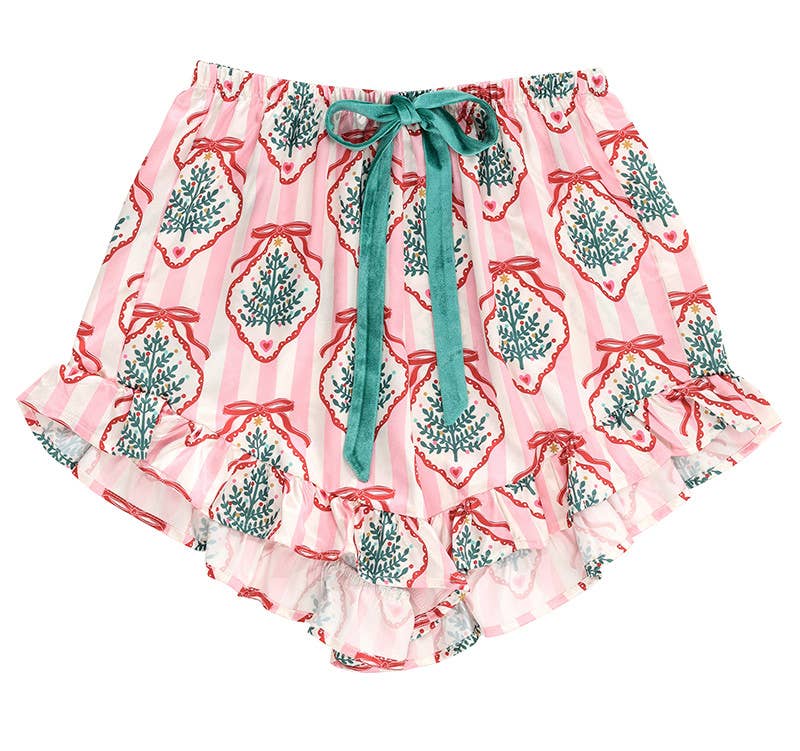 Short PJ Set with Velvet Ties - Pink Stripes + Doily Trees - Something Splendid Co.