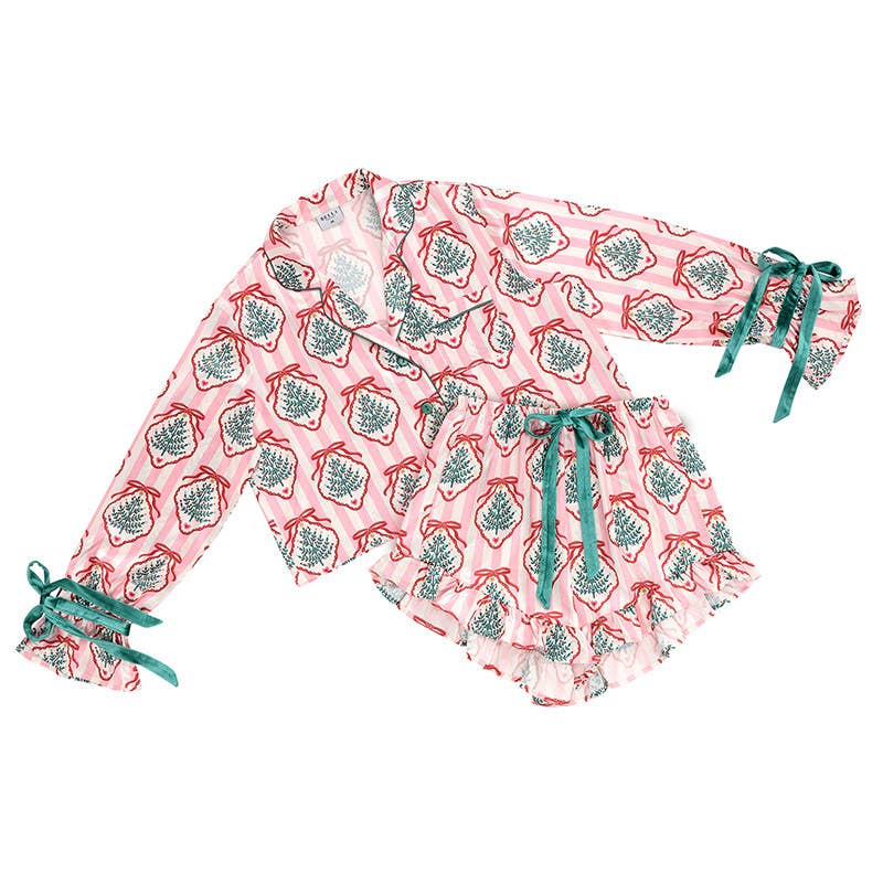 Short PJ Set with Velvet Ties - Pink Stripes + Doily Trees - Something Splendid Co.