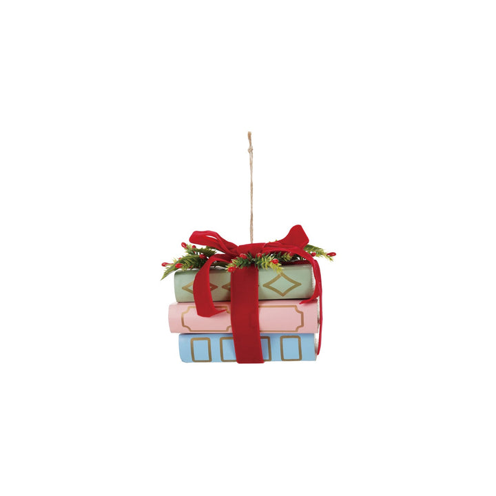Stacked Books Ornament with Velvet Ribbon and Holly - Something Splendid Co.