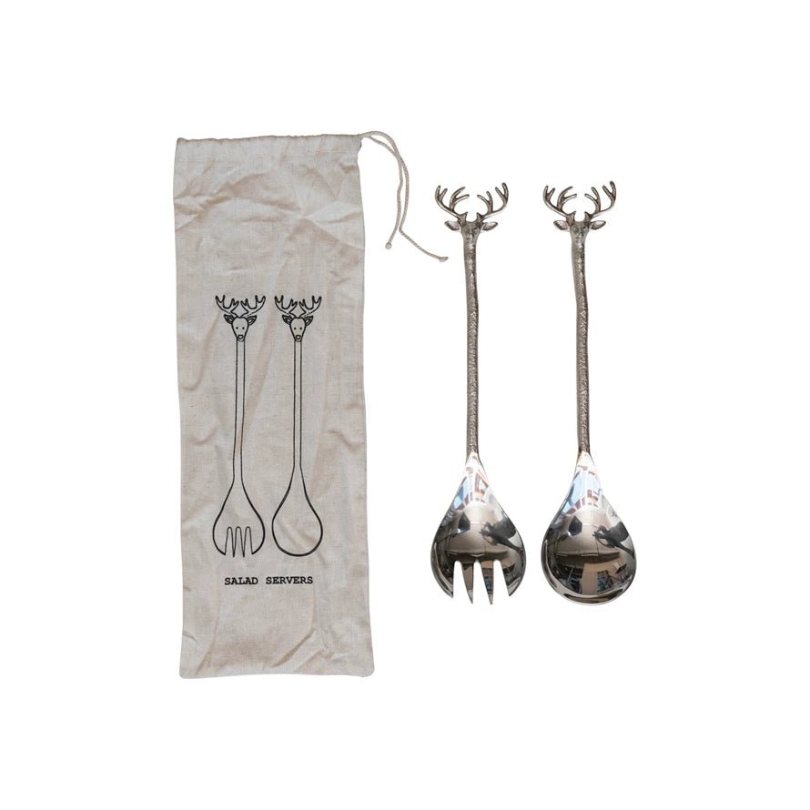 Stainless Steel & Brass Salad Servers w/ Reindeer Handles - Something Splendid Co.