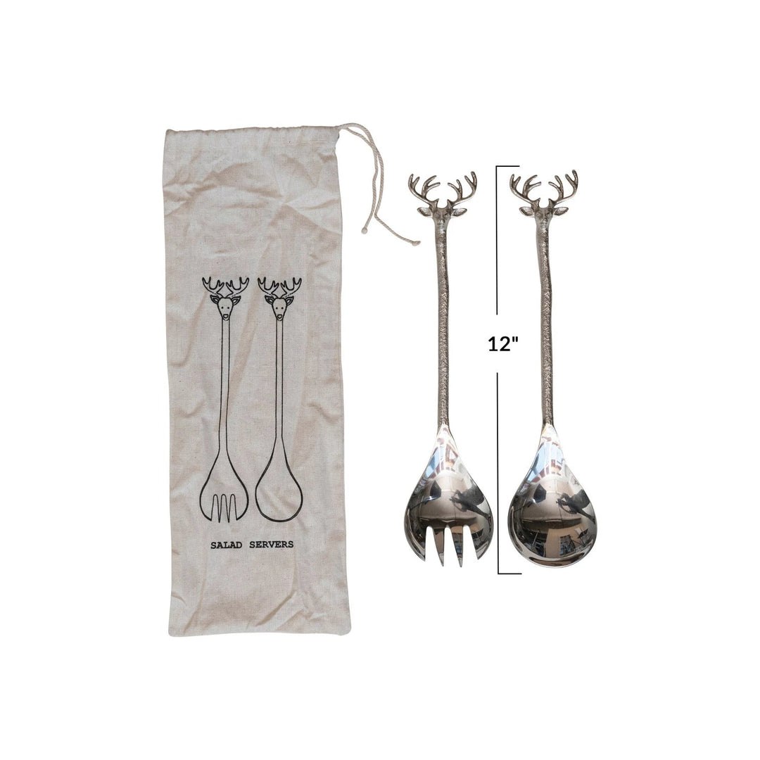 Stainless Steel & Brass Salad Servers w/ Reindeer Handles - Something Splendid Co.