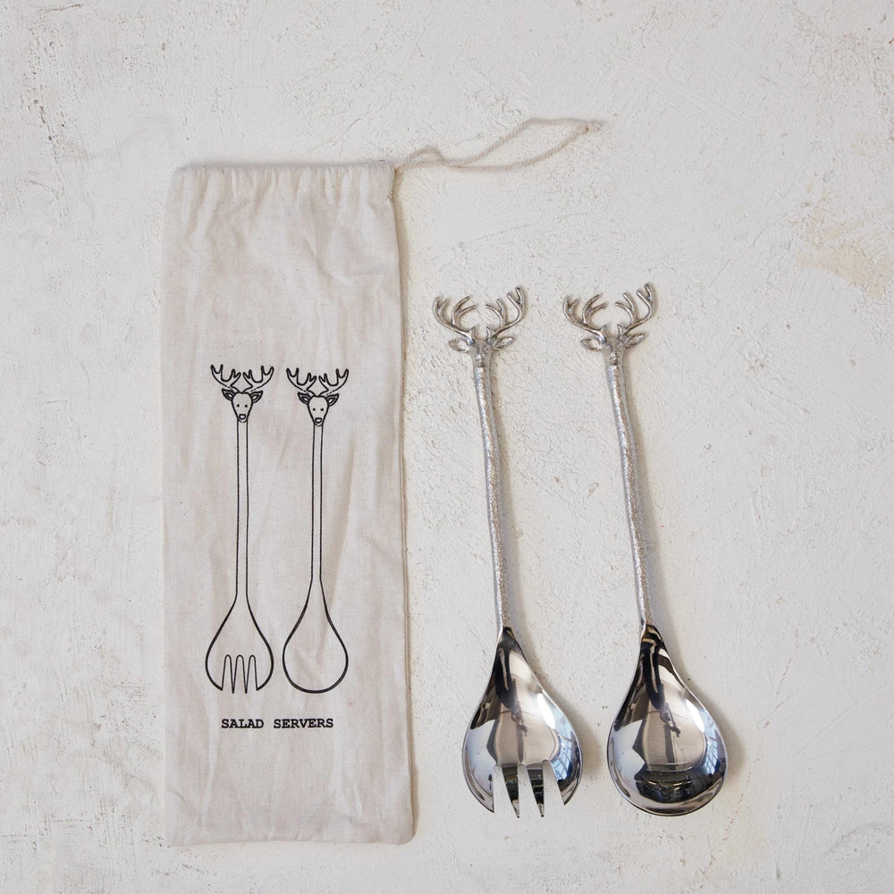 Stainless Steel & Brass Salad Servers w/ Reindeer Handles - Something Splendid Co.