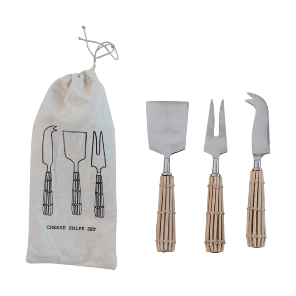 Stainless Steel Cheese Knives with Rattan Handles - Thumbnail 2