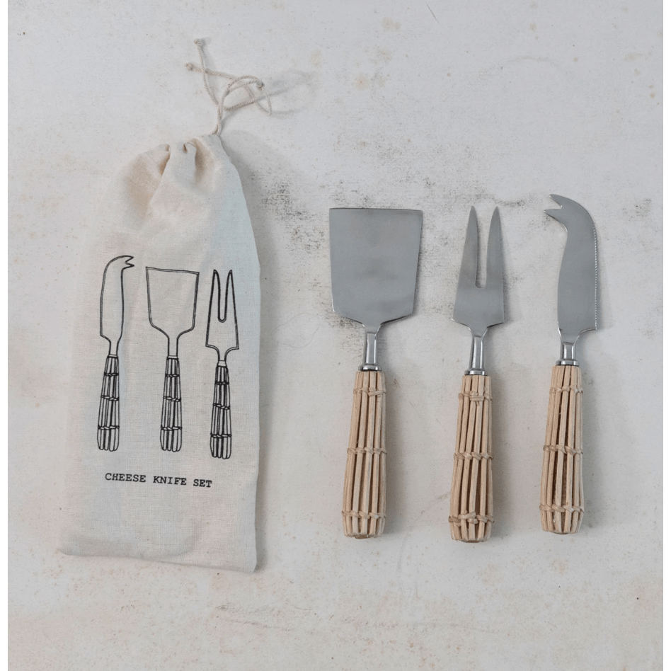 Stainless Steel Cheese Knives with Rattan Handles