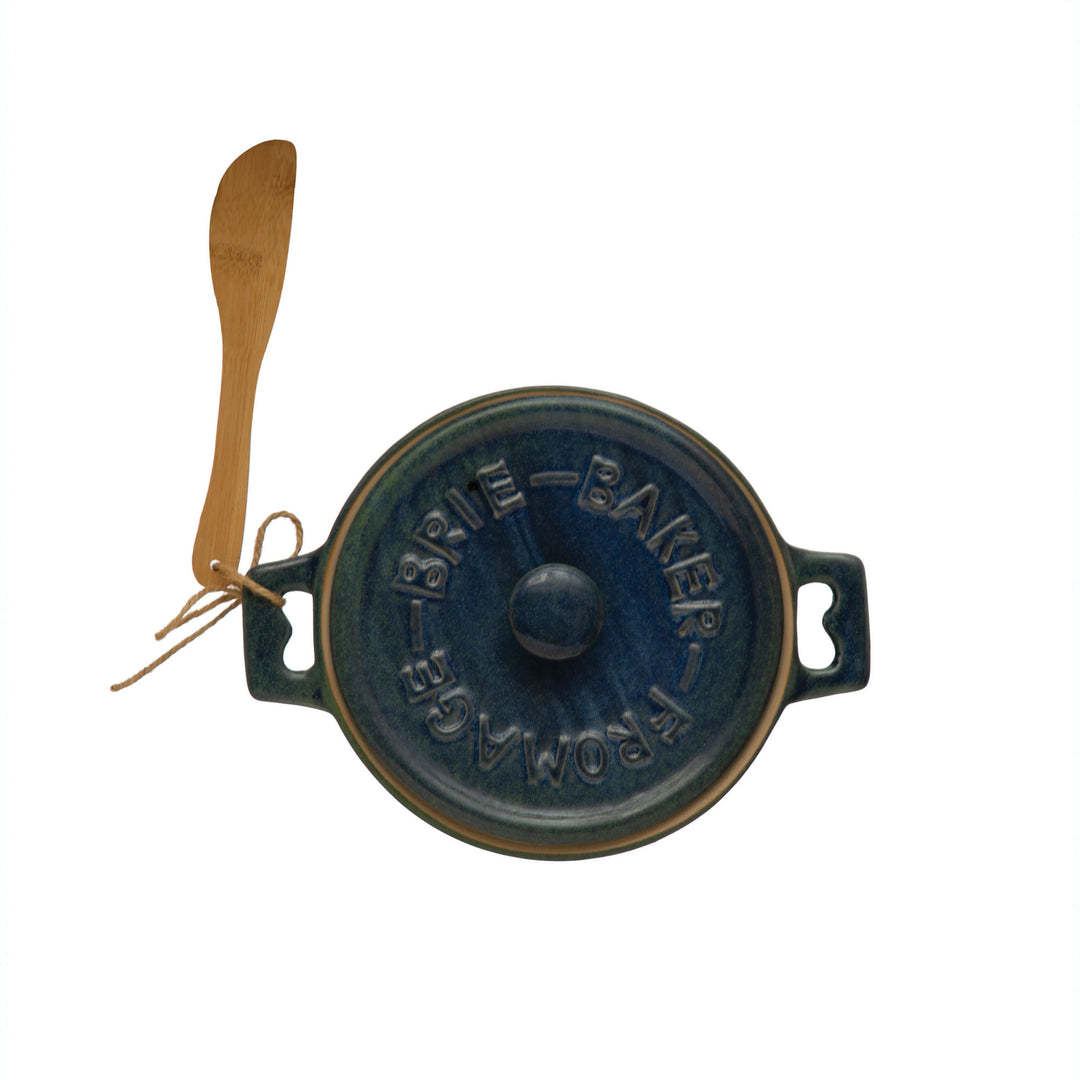 Stoneware Brie Baker with Bamboo Spreader - Blue - Something Splendid Co.