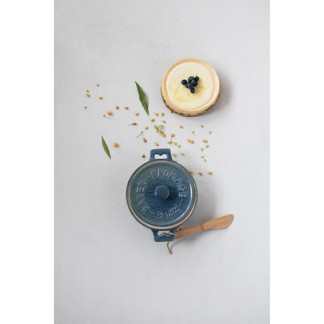 Stoneware Brie Baker with Bamboo Spreader - Blue - Something Splendid Co.