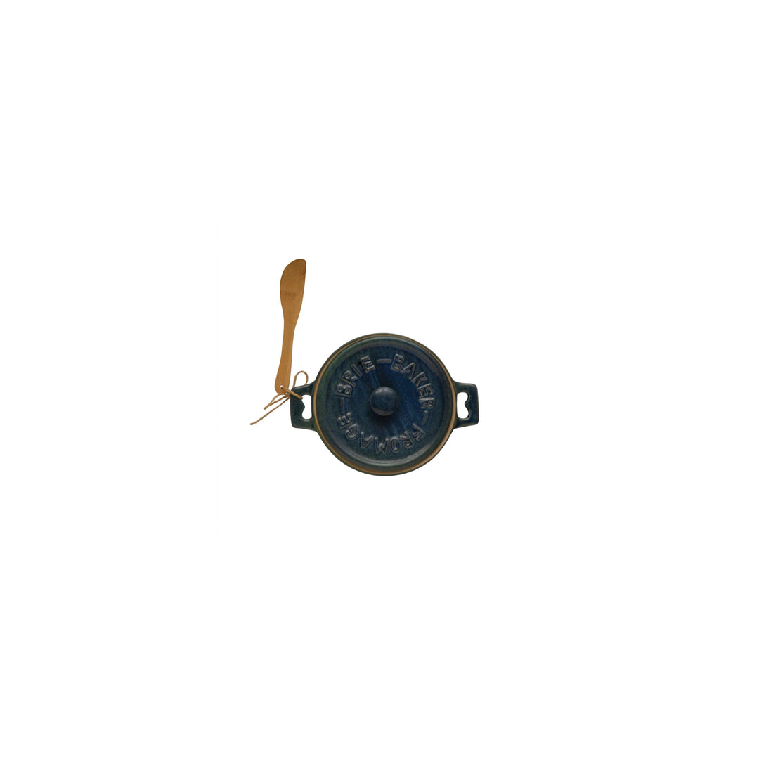 Stoneware Brie Baker with Bamboo Spreader - Blue - Something Splendid Co.